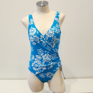 Women Swimsuit Size 8 Turquoise Hydra Stretchy White Floral One-Piece V-Neckline
